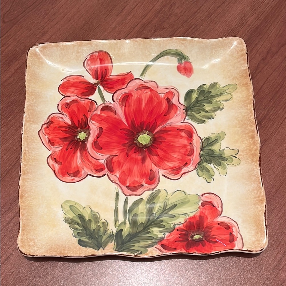 Maxcera Square Ceramic Platter with Red Poppies